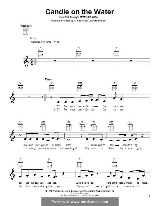 Candle on the Water (from Walt Disney's Pete's Dragon): para ukulele by Al Kasha, Joel Hirschhorn