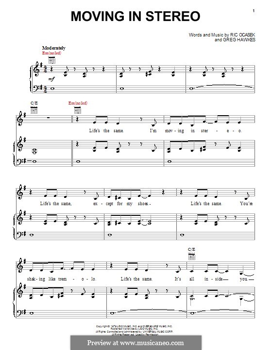 Moving in Stereo (The Cars): Para vocais e piano (ou Guitarra) by Gregory Hawkes, Ric Ocasek