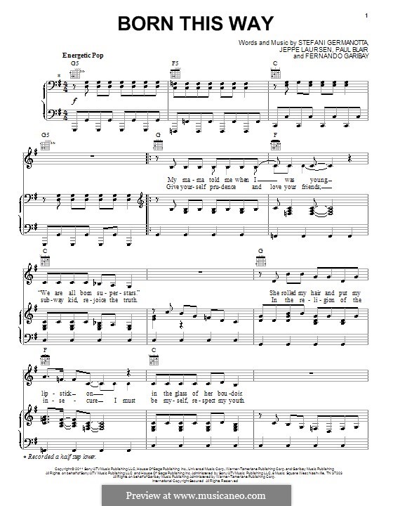 Born This Way (Lady Gaga): para vocais,piano ou guitarra by Fernando Garibay, Jeppe Laursen, Paul Blair, Stefani Germanotta