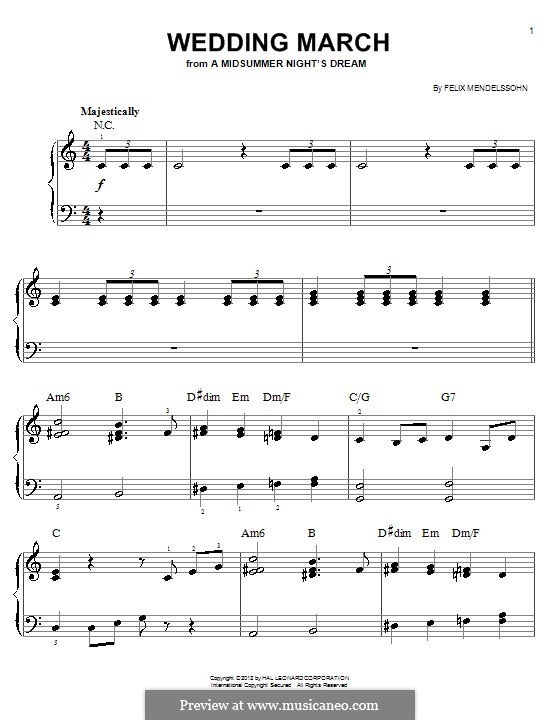 Wedding March (Printable Scores): facil para piano (com acordes) by Felix Mendelssohn-Bartholdy