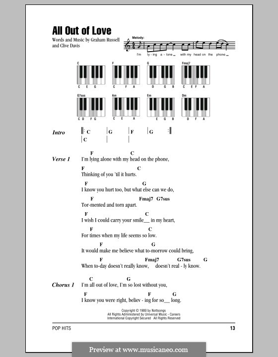 All Out of Love: letras e acordes para piano by Clive Davis, Graham Russell