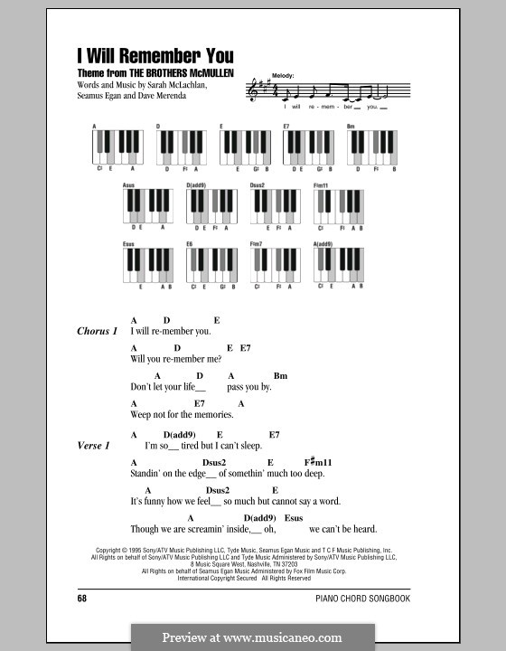 I Will Remember You (Theme from The Brothers McMullen): letras e acordes para piano by Dave Merenda, Sarah McLachlan, Seamus Egan