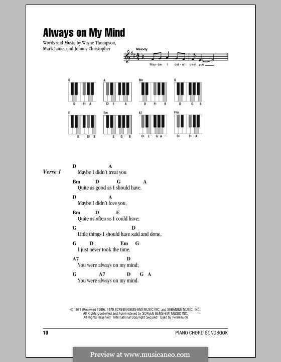 Always on My Mind: Lyrics and piano chords (Willie Nelson) by Johnny Christopher, Mark James, Wayne Carson Thompson