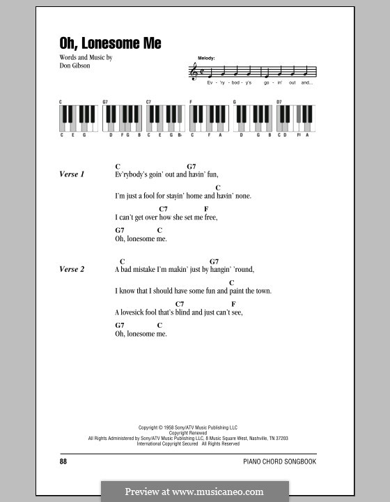 Oh, Lonesome Me: letras e acordes para piano by Don Gibson