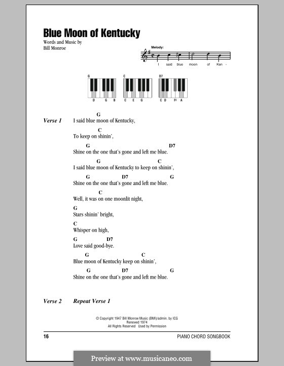 Blue Moon of Kentucky: letras e acordes para piano by Bill Monroe