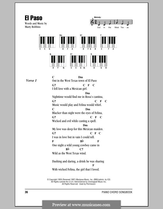 El Paso: letras e acordes para piano by Marty Robbins