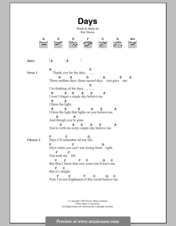 Days (The Kinks): Letras e Acordes by Ray Davies