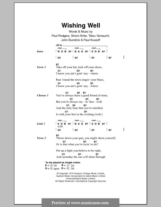 Wishing Well (Free): Letras e Acordes by John Bundrick, Paul Kossoff, Paul Rodgers, Simon Kirke, Tetsu Yamauchi