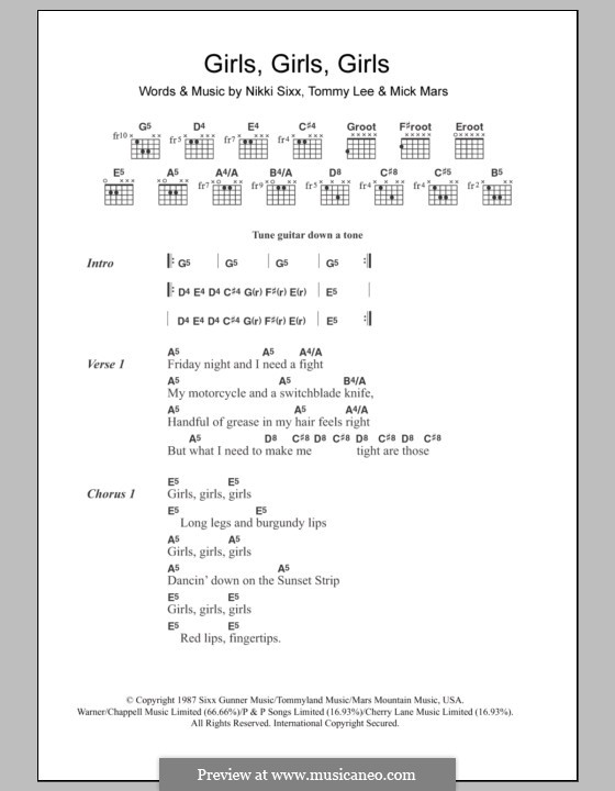 Girls, Girls, Girls (Motley Crue): Letras e Acordes by Mick Mars, Nikki Sixx, Tommy Lee