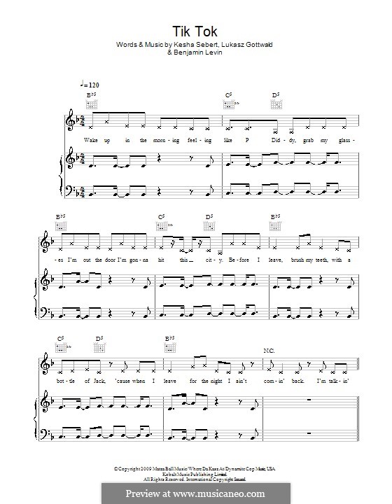 Tik Tok (Ke$ha): Para vocais e piano (ou Guitarra) by Benjamin Levin, Kesha Sebert, Lukas Gottwald