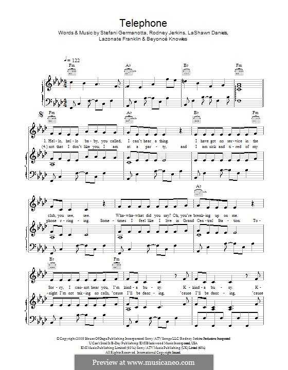 Telephone (Lady Gaga featuring Beyonce): Para vocais e piano (ou Guitarra) by Beyoncé, LaShawn Daniels, Lazonate Franklin, Rodney Jerkins, Stefani Germanotta