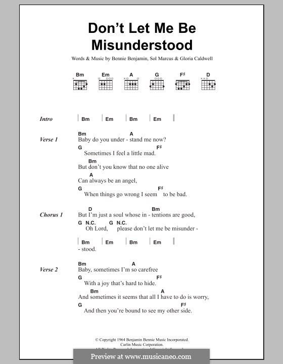 Don't Let Me Be Misunderstood: Lyrics and chords (The Animals) by Bennie Benjamin, Gloria Caldwell, Sol Marcus