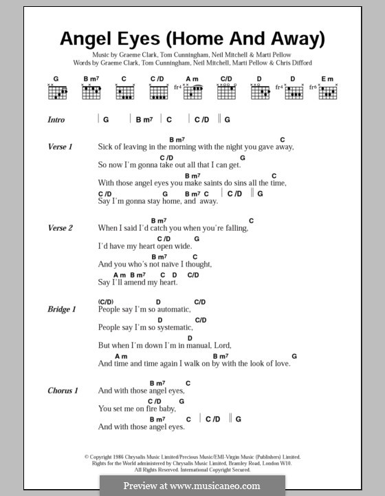Angel Eyes (Home And Away): Lyrics and chords (Wet Wet Wet) by Graeme Clark, Tom Cunningham, Marti Pellow, Neil Mitchell