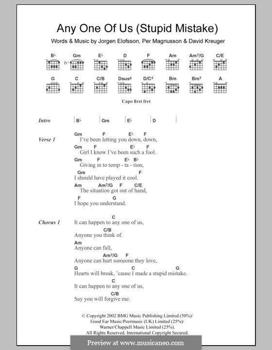 Anyone of Us (Stupid Mistake): Lyrics and chords (Gareth Gates) by David Kreuger, Jörgen Kjell Elofsson, Per Magnusson