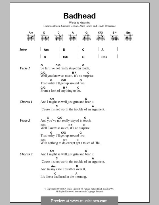 Badhead (Blur): Letras e Acordes by Alex James, Damon Albarn, David Rowntree, Graham Coxon