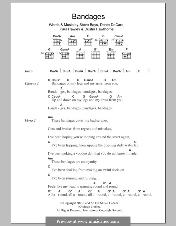 Bandages (Hot Hot Heat): Letras e Acordes by Dante DeCaro, Dustin Hawthorne, Paul Hawley, Steve Bays