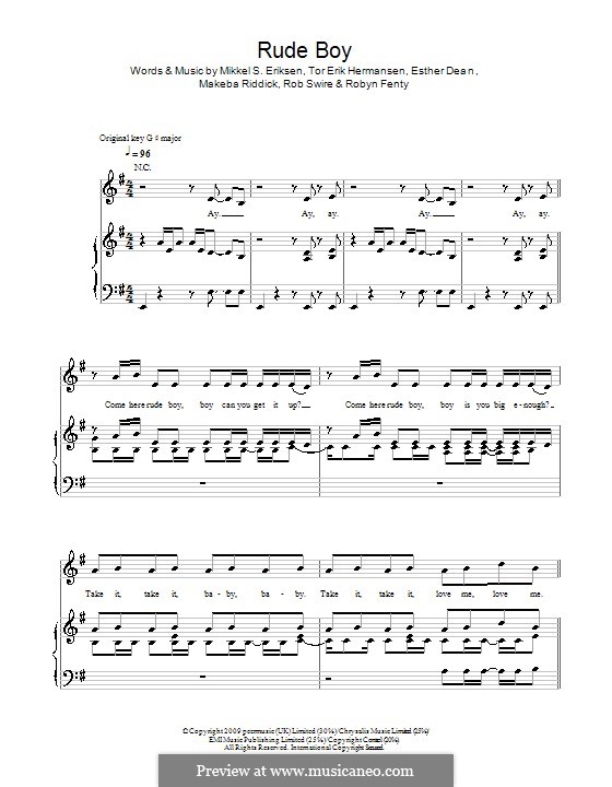 Rude Boy (Rihanna): Para vocais e piano (ou Guitarra) by Esther Dean, Makeba Riddick, Mikkel Storleer Eriksen, Rob Swire, Tor Erik Hermansen