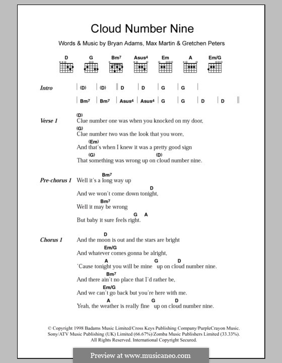 Cloud Number Nine: Letras e Acordes by Bryan Adams, Gretchen Peters, Max Martin