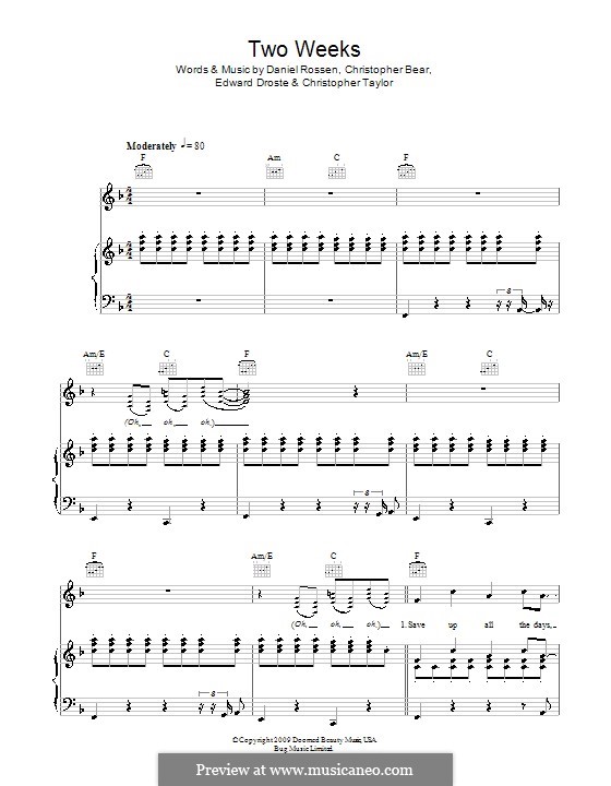Two Weeks (Grizzly Bear): Para vocais e piano (ou Guitarra) by Christopher Bear, Christopher Taylor, Daniel Rossen, Edward Droste