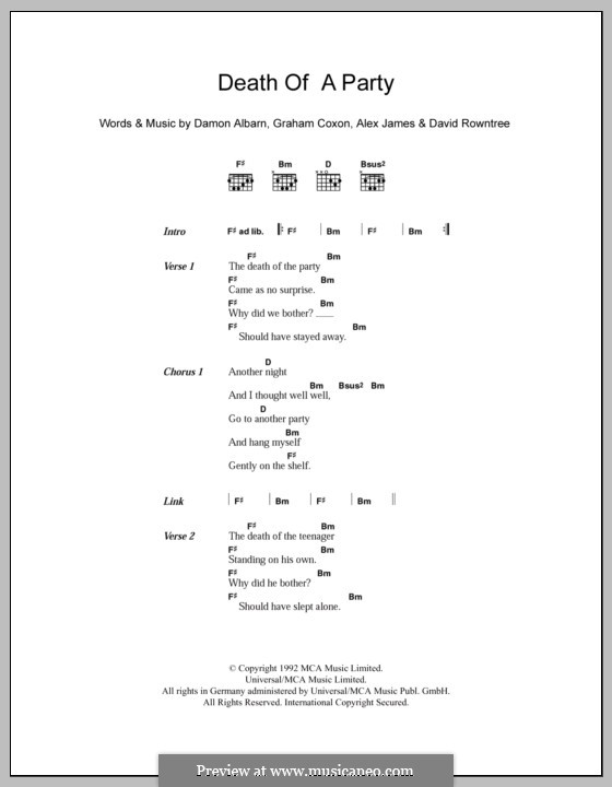 Death of a Party (Blur): Letras e Acordes by Alex James, Damon Albarn, David Rowntree, Graham Coxon