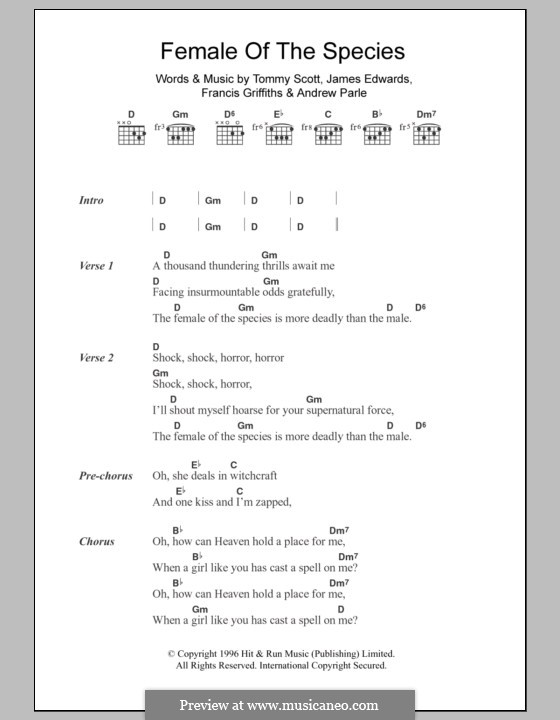 Female of the Species (Space): Letras e Acordes by Andrew Parle, Francis Griffiths, James Edwards, Thomas Scott