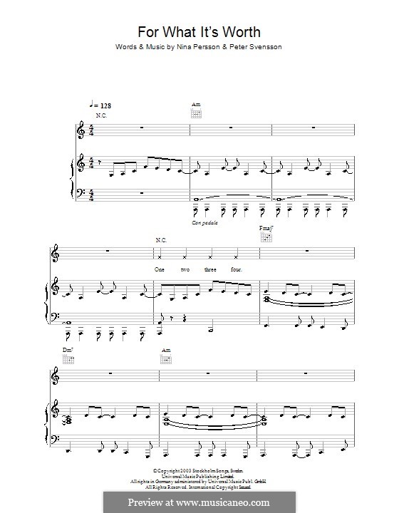 For What It's Worth (The Cardigans): Para vocais e piano by Nina Persson, Peter Svensson