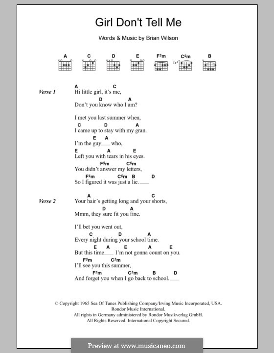 Girl Don't Tell Me (The Beach Boys): Letras e Acordes by Brian Wilson