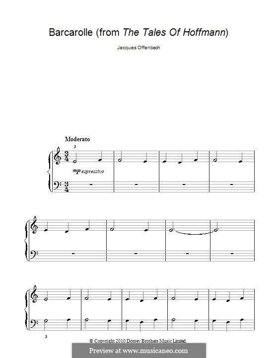 Barcarolle (Printable Scores): Version for piano (very easy version) by Jacques Offenbach