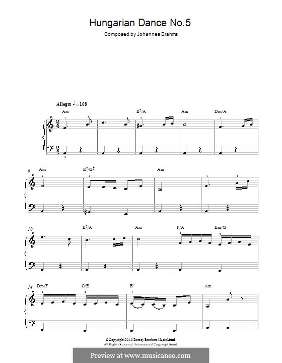 Dance No.5 in F Sharp Minor (Printable scores): Facil para o piano by Johannes Brahms