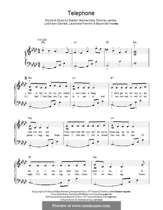 Telephone (Lady Gaga featuring Beyonce): Facil para o piano by Beyoncé, LaShawn Daniels, Lazonate Franklin, Rodney Jerkins, Stefani Germanotta