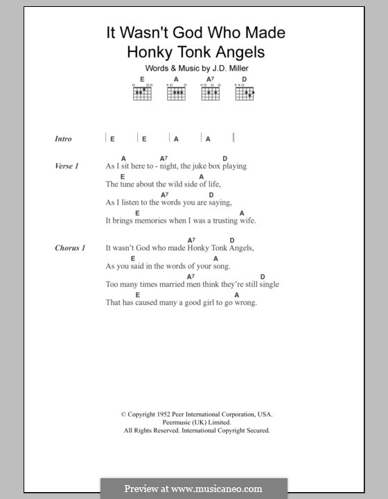 It Wasn't God Who Made Honky Tonk Angels (Patsy Cline): Letras e Acordes by J. D. Miller