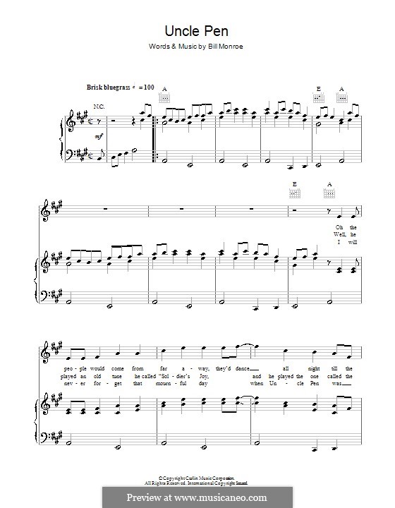 Uncle Pen: Para vocais e piano (ou Guitarra) by Bill Monroe
