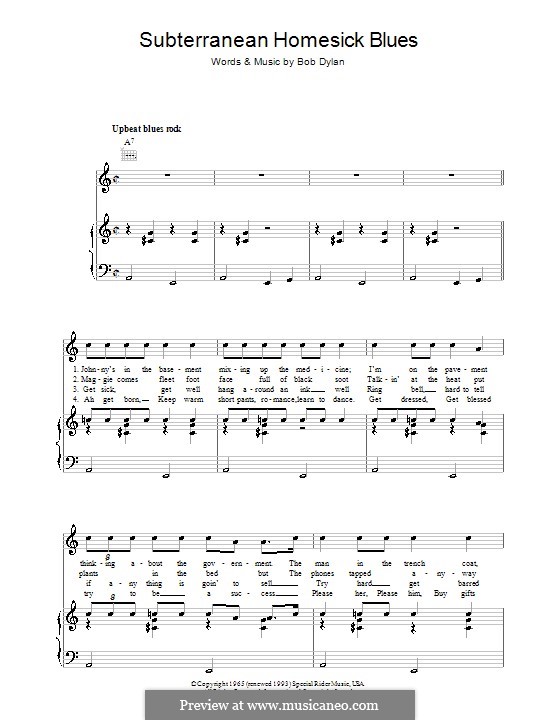 Subterranean Homesick Blues: Para vocais e piano (ou Guitarra) by Bob Dylan