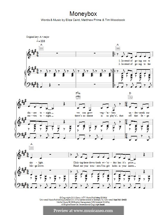 Moneybox (Eliza Doolittle): Para vocais e piano (ou Guitarra) by Eliza Caird, Matthew Prime, Timothy Woodcock