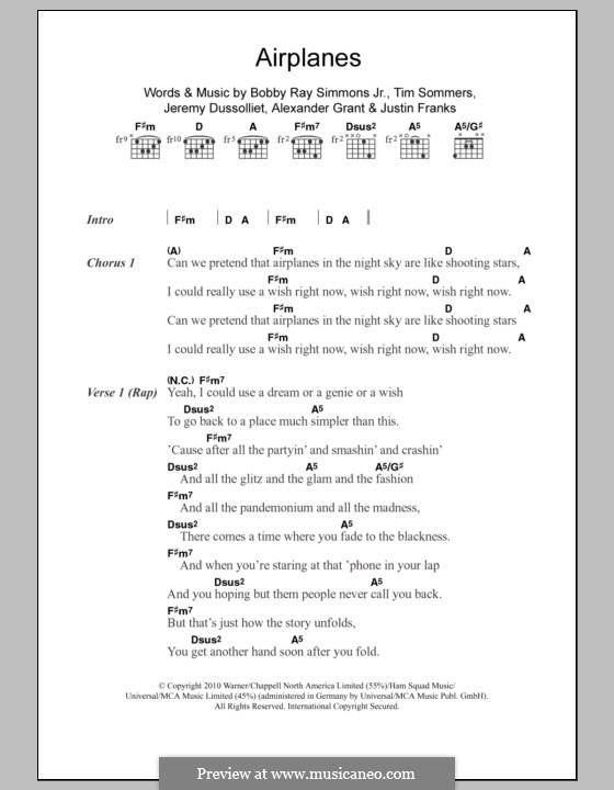 Airplanes (B.o.B. featuring Hayley Williams): Letras e Acordes by Alexander Grant, Bobby Ray Simmons Jr., Jeremy Dussolliet, Justin Franks, Tim Sommers