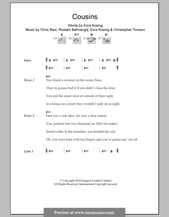 Cousins (Vampire Weekend): Letras e Acordes by Chris Baio, Christopher Tomson, Ezra Koenig, Rostam Batmanglij