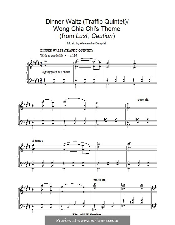 Dinner Waltz (Traffic Quintet)/Wong Chia Chi's Theme (from Lust, Caution): Para Piano by Alexandre Desplat