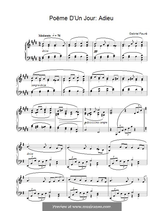 Poème d'un jour, Op.21: No.3 Adieu, for piano by Gabriel Fauré