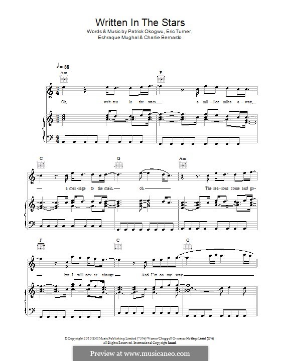 Written in the Stars (Tinie Tempah featuring Eric Turner): Para vocais e piano (ou Guitarra) by Charlie Bernardo, Eric Turner, Eshraque Mughal, Patrick Okogwu