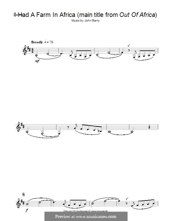 I Had a Farm in Africa (main title from Out of Africa): para clarinete by John Barry