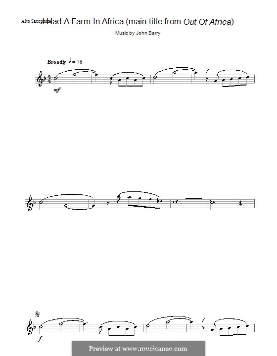 I Had a Farm in Africa (main title from Out of Africa): para Saxofone Alto by John Barry