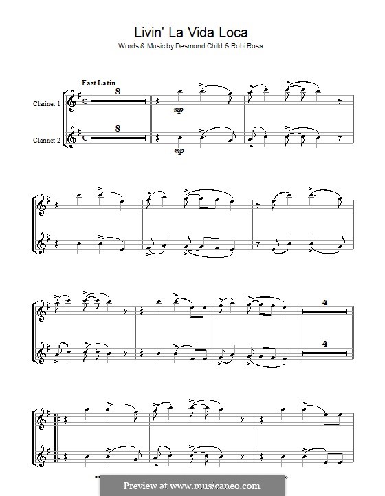 Livin' la vida loca (Ricky Martin): para clarinete by Desmond Child, Robi Rosa