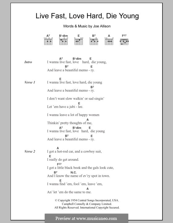 Live Fast, Love Hard, Die Young (Faron Young): Letras e Acordes by Joe Allison