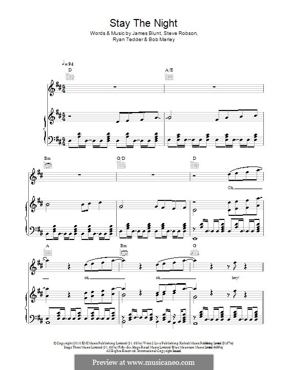 Stay the Night: Para vocais e piano (ou Guitarra) by Bob Marley, James Blunt, Ryan B Tedder, Steve Robson