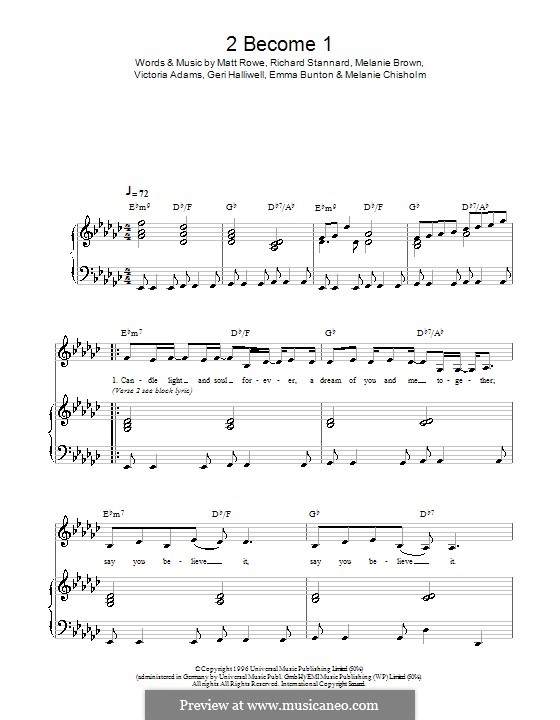 2 Become 1 (The Spice Girls): Para vocais e piano by Emma Bunton, Geri Halliwell, Matt Rowe, Melanie Brown, Melanie C, Richard Stannard, Victoria Adams