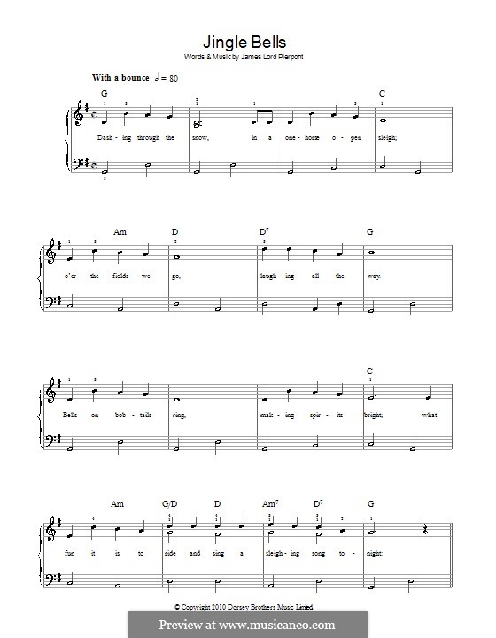 Piano version (printable scores): Easy notes by James Lord Pierpont