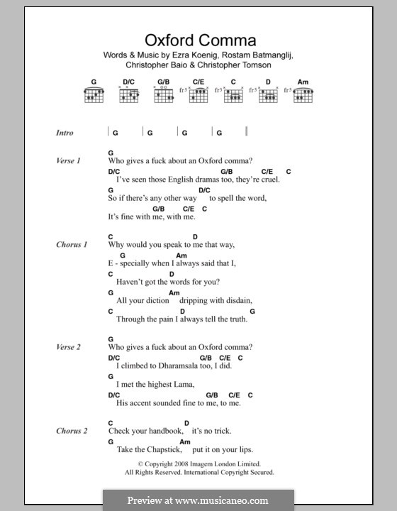 Oxford Comma (Vampire Weekend): Letras e Acordes by Chris Baio, Christopher Tomson, Ezra Koenig, Rostam Batmanglij