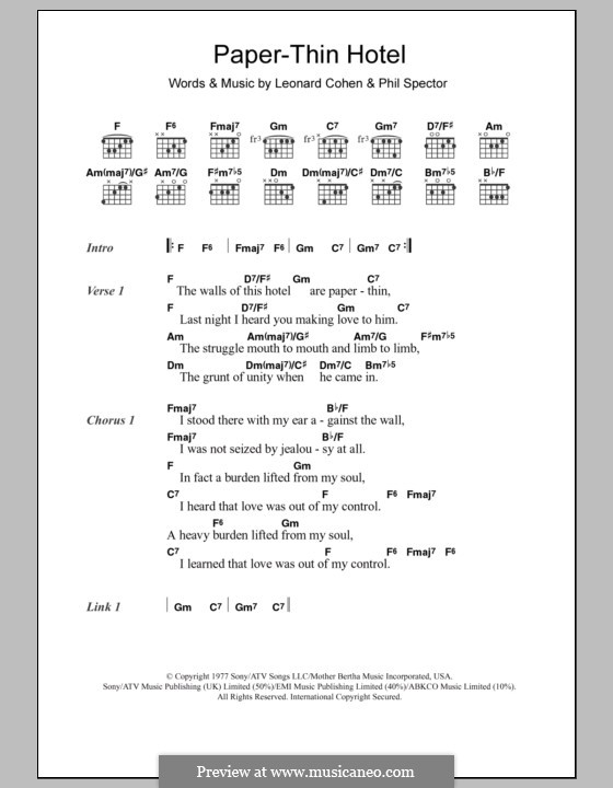 Paper-Thin Hotel: Letras e Acordes by Leonard Cohen, Phil Spector