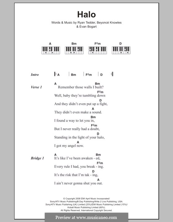 Halo: letras e acordes para piano by Beyoncé, Evan Kidd Bogart, Ryan B Tedder