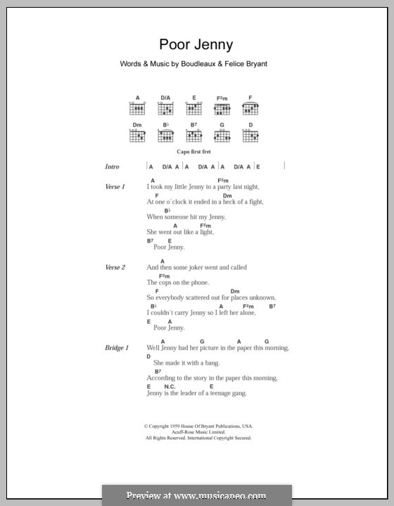 Poor Jenny (The Everly Brothers): Letras e Acordes by Boudleaux Bryant, Felice Bryant
